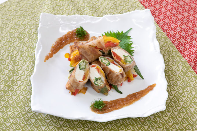 絹厚揚げの肉巻き 梅ソース添え さとの雪食品株式会社 絹厚揚げの肉巻き 梅ソース添え さとの雪食品株式会社
